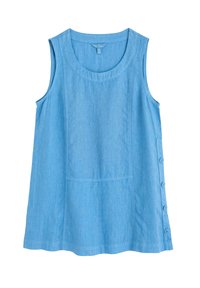 Světle modrý top bez rukávů vyrobený z hladké tkaniny. Má kulatý výstřih a na boku šest knoflíkových detailů.