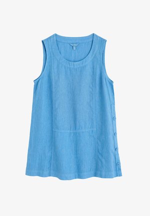 Hellblaues ärmelloses Top aus glattem Stoff. Verfügt über einen runden Halsausschnitt und eine Seite mit sechs Knopfakzenten.