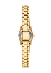 Goldfarbene Metall-Uhr mit rechteckigem Zifferblatt, Gliederarmband und Verschluss. Verfügt über eine polierte Oberfläche mit dem Markennamen auf der Rückseite eingraviert.