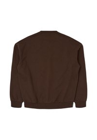 Felpa marrone con scollo rotondo, maniche lunghe, polsini e fondo a coste. Texture morbida, colore uniforme, senza motivi o grafiche.