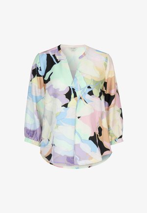 Blouse met lange mouwen, elastische manchetten, V-hals en pastel abstract bloemmotief in zachte blauwe, paarse, roze, groene, zwarte en beige tinten.