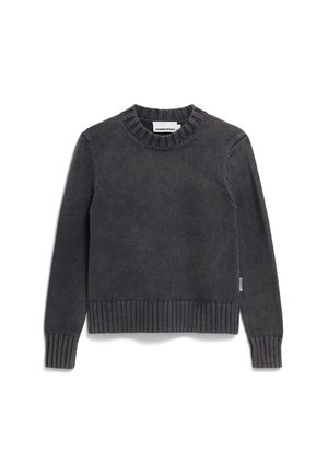 Dark grey knitted sweater featuring a round neckline, ribbed cuffs, and hem. Composition includes textured fabric with subtle detailing.