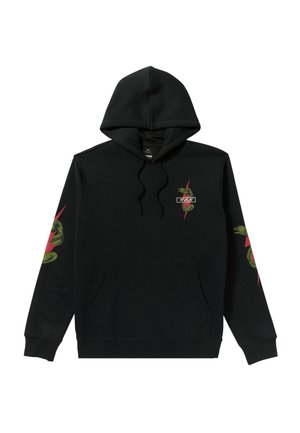 Sweatshirt à capuche noire en mélange de coton. Présente une poche avant, un logo graphique, un design de serpent vert et des accents rouges sur les manches.