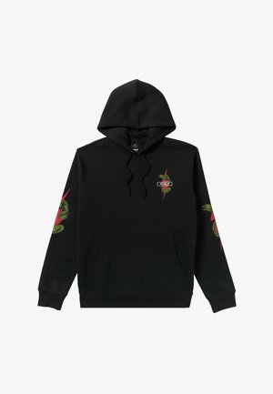 Czarna bluza z kapturem wykonana z mieszanki bawełny. Posiada przednią kieszeń, graficzne logo, wzór zielonego węża i czerwone akcenty na rękawach.