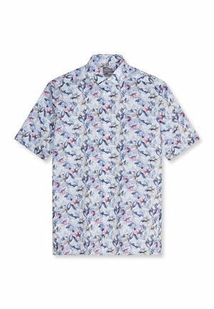 Kurzärmeliges Hemd mit Knopfleiste, hellem Hintergrund und floralem Muster in Blau-, Pink- und Brauntönen, mit aufgespreiztem Kragen.