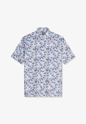 Kurzärmeliges Hemd mit Knopfleiste, hellem Hintergrund und floralem Muster in Blau-, Pink- und Brauntönen, mit aufgespreiztem Kragen.