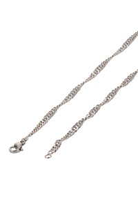 Sølvmetal kæde med sammenflettede led, udstyret med en hummerlås; tekstureret overflade; fleksibelt design. Længde og ledtykkelse varierer.