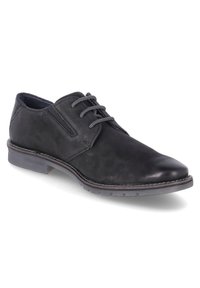 Scarpa elegante in pelle nera con una texture liscia, punta rotonda, design con lacci e un contorno cucito in contrasto lungo la suola.