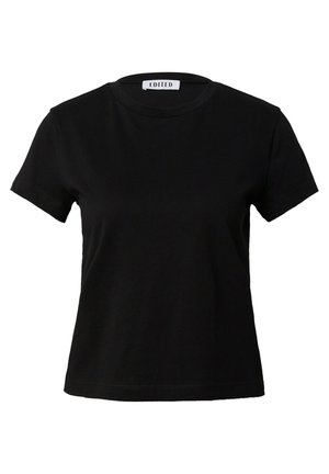 Zwarte katoenen t-shirt met een ronde hals en korte mouwen. Heeft een strak ontwerp zonder patronen of accenten. Merkenlabel zichtbaar bij de hals.