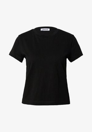 Schwarzes Baumwoll-T-Shirt mit Rundhalsausschnitt und kurzen Ärmeln. Hat ein schlichtes Design ohne Muster oder Akzente. Markenlabel am Hals sichtbar.