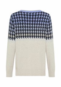 Pullover in Creme mit einem Hahnentrittmuster, das Marineblau und Hellblau kombiniert. Verfügt über einen runden Ausschnitt sowie gerippte Bündchen und Saum.