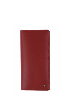 Red leather long wallet with smooth texture and small silver winged emblem in the bottom right corner.