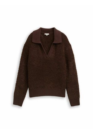 Brown knitted sweater with a fuzzy texture, v-neck, and a wide collar. Features ribbed cuffs and hem. Casual, soft fabric design.