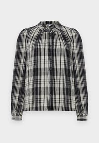 Zwart-wit geruite blouse met knopen, lange mouwen, geplooide textuur en een ronde halslijn. Voorzien van knoopsluitingen en op maat gemaakte manchetten.