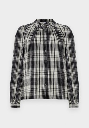 Svart och vit rutigt knapp-up blus med långa ärmar, plisserad textur och rund halsringning. Har knappla fastningar och skräddarsydda manschetter.