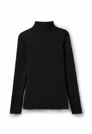 Camiseta de manga larga de cuello alto negra, hecha de tela suave, con un cuello alto y aberturas laterales para mayor comodidad al moverse. Diseño simple y moderno.