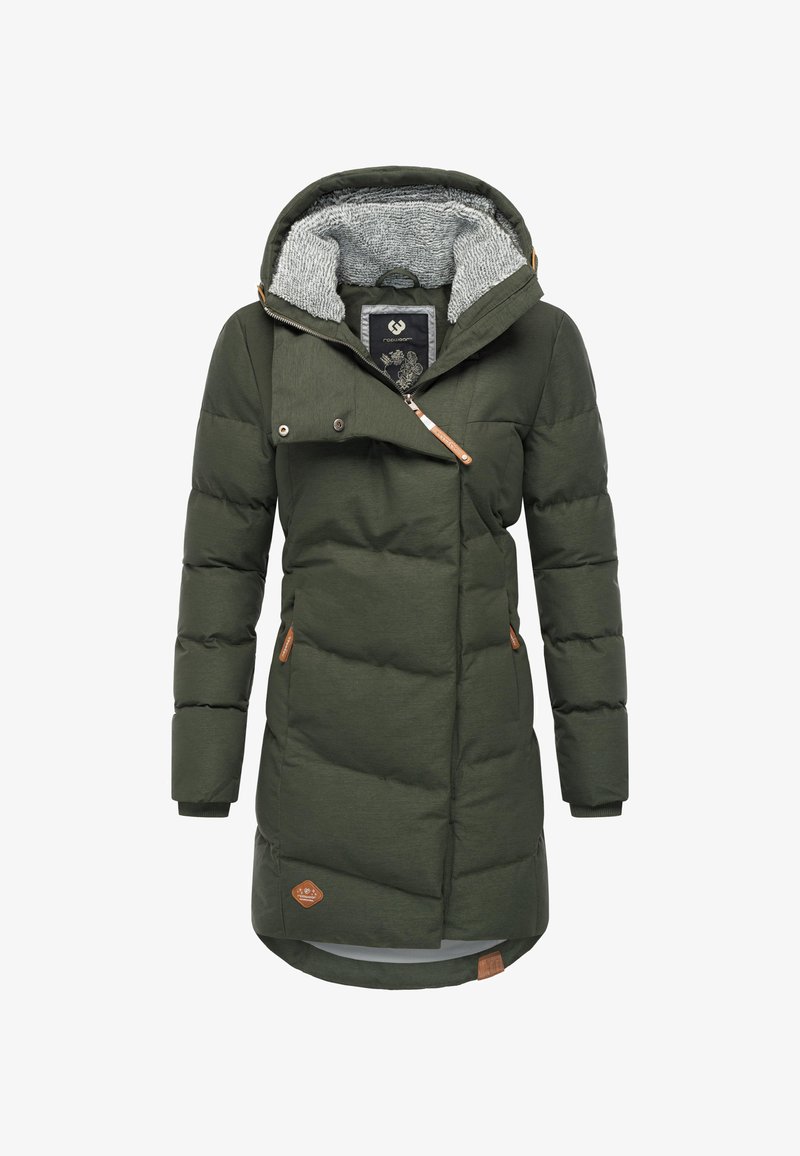 Žalia pūkinė striukė su užtrauktuku priekyje, gaubtu ir pilku švelniu pamušalu. Yra dvi šoninės kišenės ir rudi odiniai akcentai ant užtrauktukų.