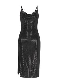 Rochie neagră cu un design mulat, realizată dintr-un material strălucitor, acoperită cu paiete, având bretele subțiri și o fante laterală pentru un plus de libertate de mișcare.
