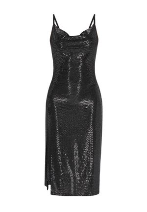 Schwarzes Kleid mit figurbetontem Design, aus schimmerndem, paillettenbesetztem Stoff, mit schmalen Trägern und einem seitlichen Schlitz für zusätzliche Bewegungsfreiheit.