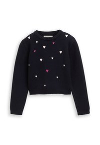 Granatowy krótki sweter wykonany z dzianiny, z rozrzuconymi haftowanymi sercami w kolorze różowym i białym na przodzie. Okrągły dekolt i długie rękawy.