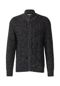 Cardigan zip-up nero e grigio con un motivo di maglia texturizzato. Presenta un colletto alto e maniche lunghe. Design semplice e funzionale.