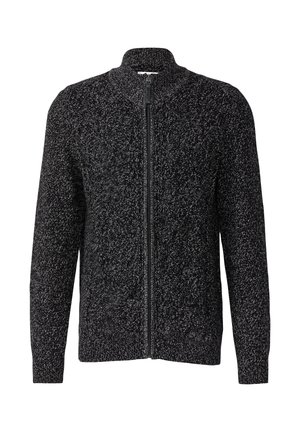 Schwarze und graue Zip-up-Strickjacke mit einem strukturierten Strickmuster. Verfügt über einen hohen Kragen und lange Ärmel. Schlichtes, funktionales Design.