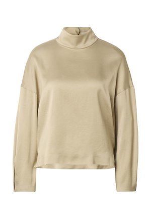 Beige bluse med lange ermer, løs passform og høy hals, med enkelt knappelukking bak.
