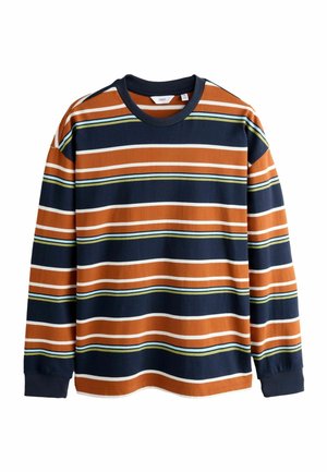 Långärmad skjorta i marinblått, orange och vita ränder med gröna detaljer; gjord av mjukt tyg; rundad halsringning; ribbade ärmslut.
