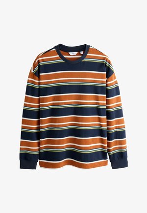 Langärmliges Hemd in Marineblau, Orange und weißen Streifen mit grünen Akzenten; aus weichem Stoff gefertigt; Rundhalsausschnitt; gerippte Bündchen.