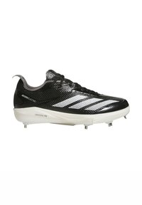 Black and white soccer cleat with a mesh upper, textured finish, and white stripe accents. Features a lightweight sole and conical studs.