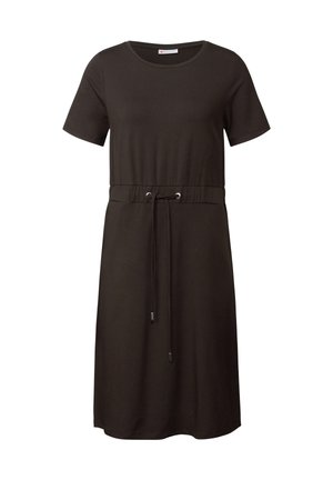 Schwarzes kurzärmliges Kleid aus weichem Stoff mit Rundhalsausschnitt, verstellbarem Kordelzug in der Taille und klassischer A-Linien-Form.