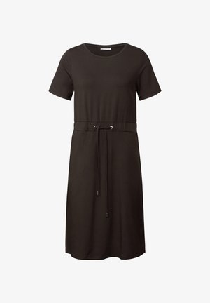 Schwarzes kurzärmliges Kleid aus weichem Stoff mit Rundhalsausschnitt, verstellbarem Kordelzug in der Taille und klassischer A-Linien-Form.
