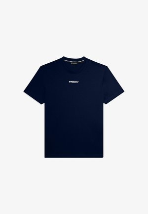 T-shirt a maniche corte blu navy con la scritta "FREDDY" stampata in bianco al centro del petto e testo del marchio all'interno del colletto.