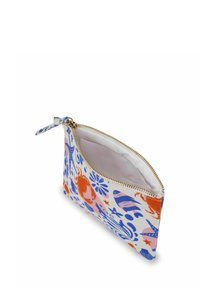 Ritstas gemaakt van stof met een kleurrijk patroon van zeeleven in blauw, oranje en roze, met een gouden ritssluiting en een witte binnenkant.