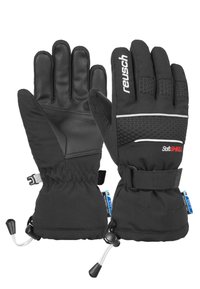 Gants noirs en matériau imperméable avec paumes en cuir, poignets élastiques et sangles réglables. Éléments de motif hexagonal.