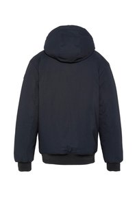 Marineblaue gesteppte Jacke mit Kapuze, elastischen Bündchen und Saum. Glatte Textur, schlichtes Design. Keine sichtbaren Logos oder Hardware-Details.