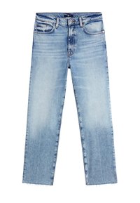 Jean en denim bleu clair avec une coupe droite. Présente un ourlet effiloché, un design à cinq poches et une légère décoloration pour ajouter de la texture.