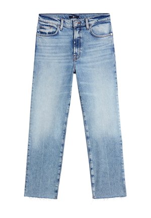 Jeans in denim azzurro chiaro con taglio dritto. Presentano un orlo sfrangiato, un design a cinque tasche e una leggera scoloritura per aggiungere texture.