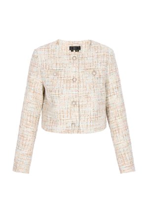 Krémszínű és pasztell árnyalatú szövött tweed zakó, rövidített fazonnal, hosszú ujjakkal, elöl gombokkal és két mellzsebbel.