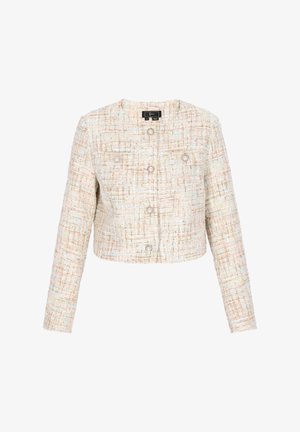 Tkany żakiet z tkaniny tweedowej w kremowych i pastelowych kolorach o krótkim kroju, z długimi rękawami, zapinany na guziki z przodu i dwoma kieszeniami na wysokości piersi.