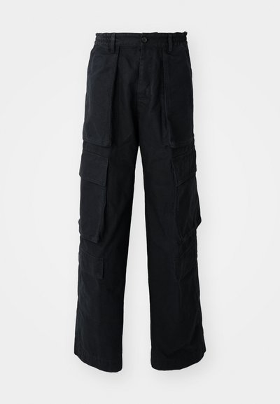 Black wide-leg cargo pants with elastic waistband, button closure, large front and side flap pockets, displayed on white background.