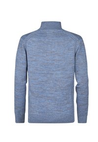 Un suéter de punto jaspeado en azul y gris, con mangas largas, puños acanalados, dobladillo y cuello tipo mock, mostrado desde la parte posterior sobre un fondo blanco.