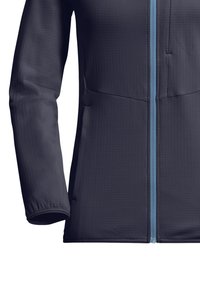 Navyblaues Zip-Jackett mit glatter Textur, ausgestattet mit einem hellblauen Reißverschluss und zwei Fronttaschen. Figurbetonter Schnitt mit langen Ärmeln.