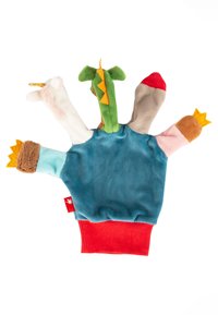 Hand puppet made of soft, plush fabric. Features five colorful fingers: a dragon, unicorn, and various animal designs. Red and blue base.
