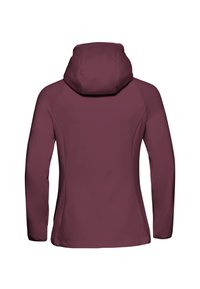 Veste à capuche bordeaux avec des manches longues, texture lisse et design ajusté. La vue arrière ne montre pas de poches ou de matériel supplémentaires.
