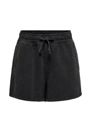 Zwarte casual shorts met elastische tailleband en voorste trekkoord, gemaakt van zachte stof met zijzakken.