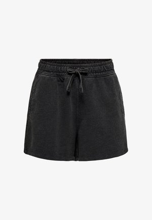 Zwarte casual shorts met elastische tailleband en voorste trekkoord, gemaakt van zachte stof met zijzakken.