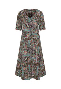 Knielange jurk met halflange mouwen, V-hals en een multikleurig abstract geometrisch en bloemenpatroon.