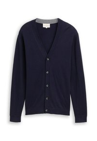 Marineblaues Langarmhemd mit Knopfleiste, V-Ausschnitt und gerippten Bündchen, flach auf einem weißen Hintergrund präsentiert.