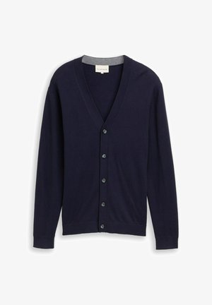 Granatowy kardigan z długim rękawem, zapinany na guziki, z dekoltem w serek i ściągaczami na końcach rękawów, prezentowany na płasko na białym tle.